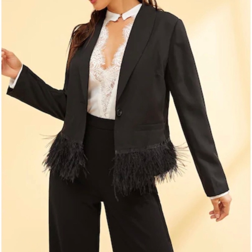 Faux feather trim blazer